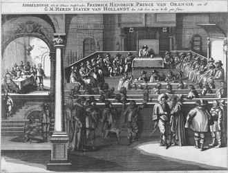 Abbildung, wie der neue Stadthalter, Fredrick Hendrick, Prinz von Oranien, den Eid an die G.M. Herren Staaten von Holland ablegt und zur Rolle geht. Frederik Hendrik legt den Eid als Stadthalter ab und nimmt 1625 in den Staaten von Holland Platz